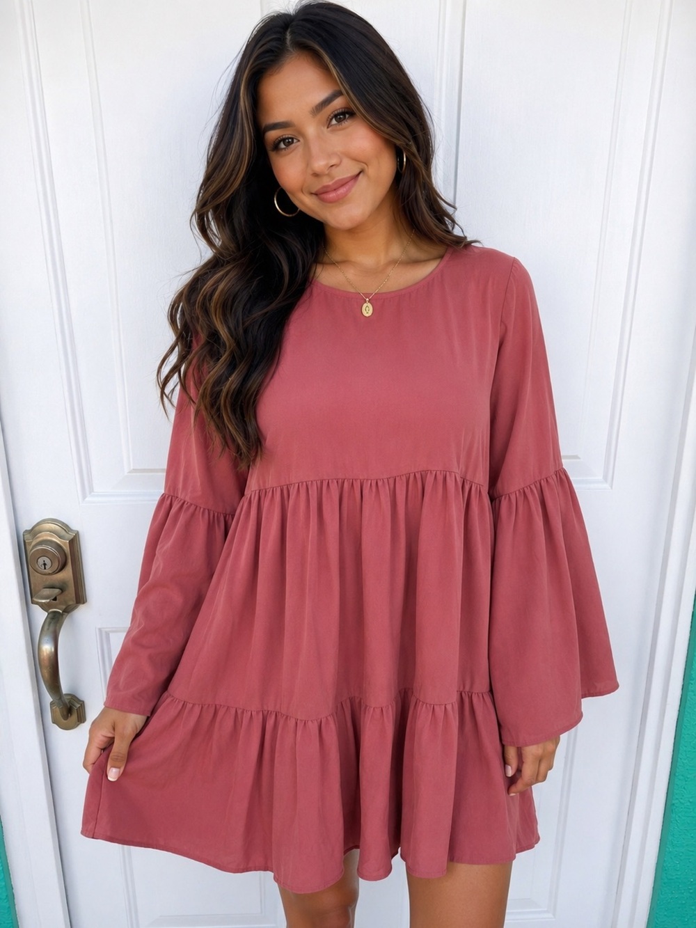 THREE EIGHTY TWO Flare Sleeve Dress w/ Slip Large Pink